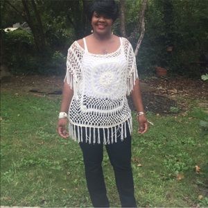 Fringed crochet oversized tunic blouse top